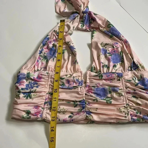 Zara halter crop top Light pink floral print Deep V Ruching NWT XL Feminine - Picture 5 of 11